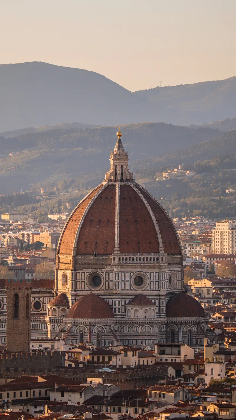 Florence Cathedral's dome rising over the city with hills behind, in warm evening light