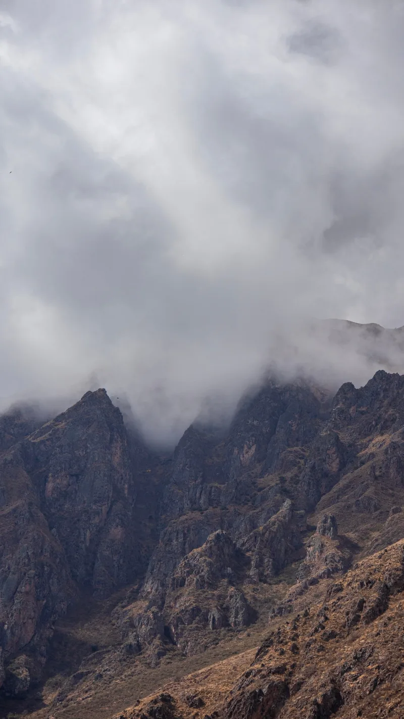 Jagged peaks disappearing into thick cloud