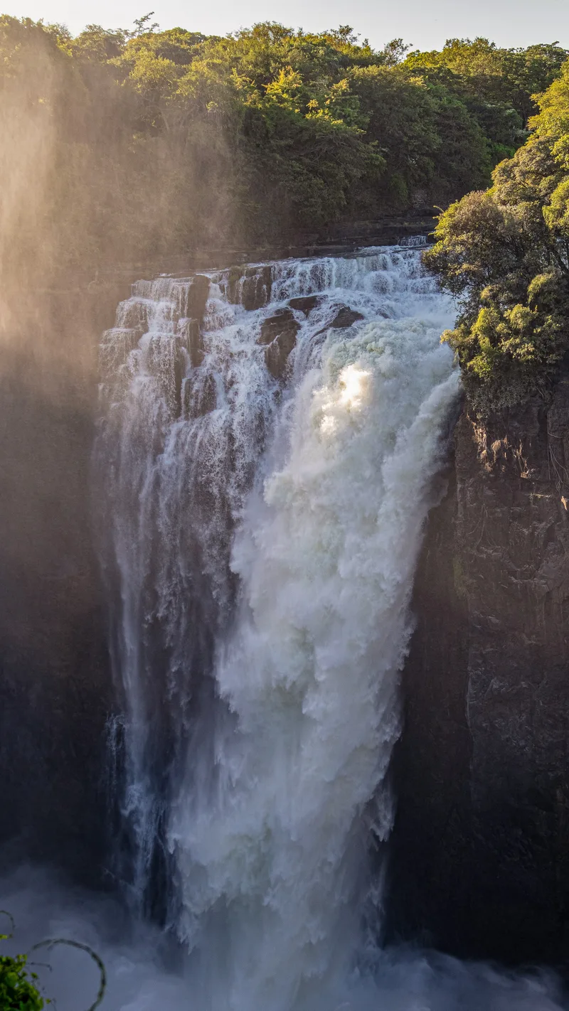 A waterfall plunging into the gorge beside green forest